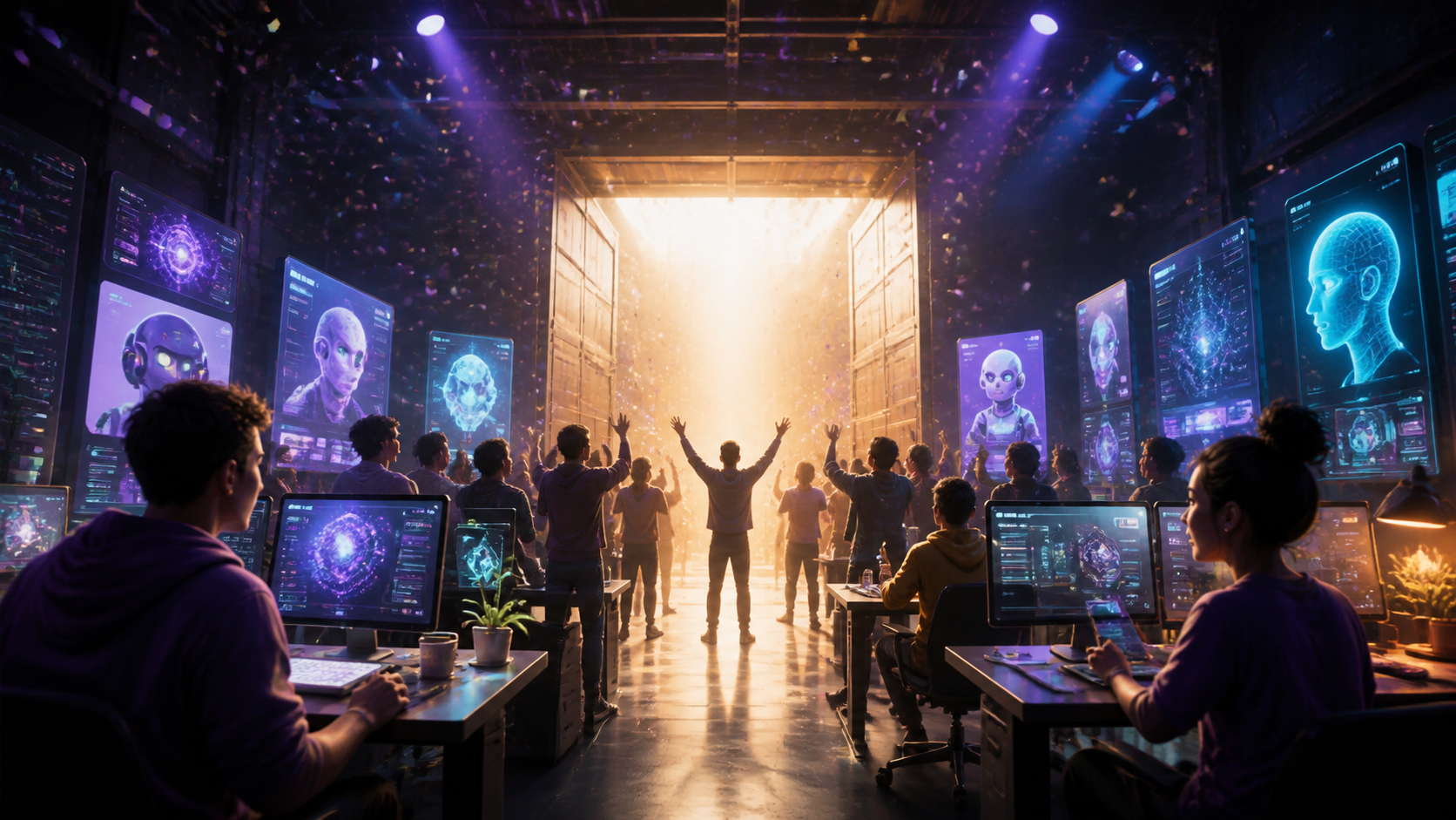 A high-energy digital workshop opening its doors with bright lights, confetti, and AI workstations coming online