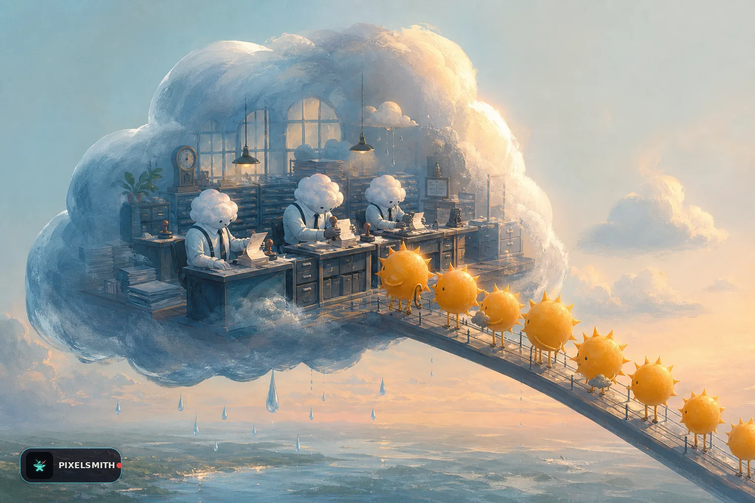 A tiny municipal office inside a translucent cloud, where cloud-headed clerks stamp paperwork while cheerful suns queue on a bridge.