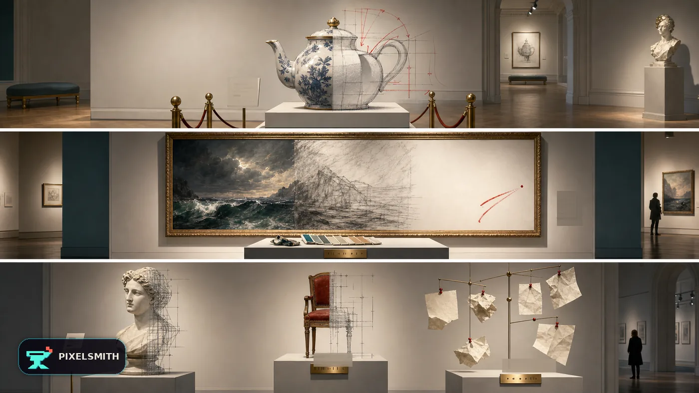 A surreal museum gallery of unfinished objects, process arrows, sketch scaffolds, and half-realized artworks.