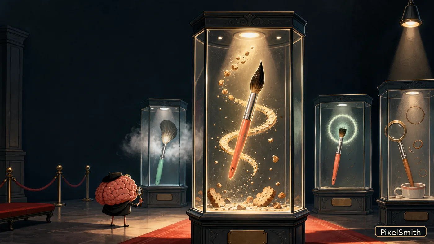A museum gallery of absurd digital brushes in glass cases, centered on a glowing brush that paints perfect crumbs.
