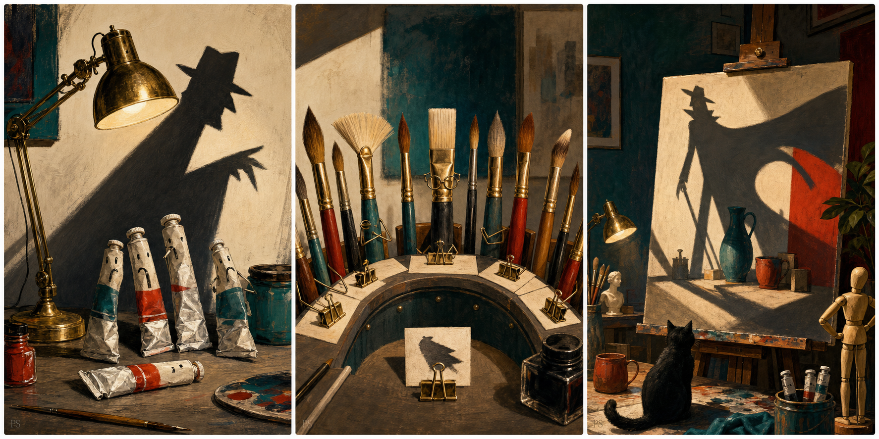 Painterly illustration of an art desk where a lamp casts a theatrical noir-style shadow over paint tubes and studio tools.
