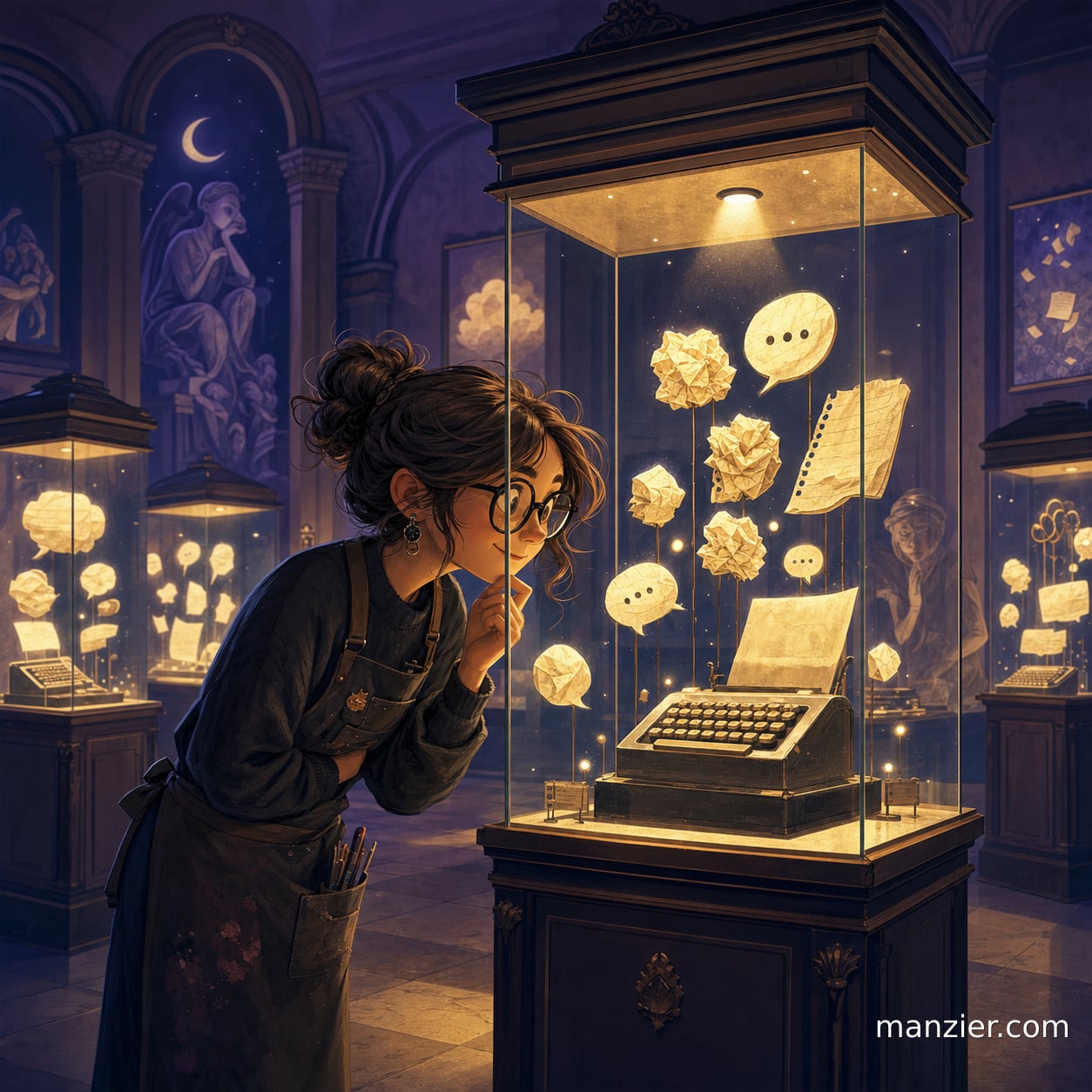 A surreal night museum gallery where glowing crumpled drafts and speech bubbles sit in glass display cases.
