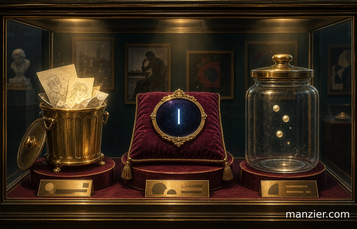 A museum case displaying a gilded trash can of sketches, a blinking cursor on velvet, and a jar of floating ellipses.