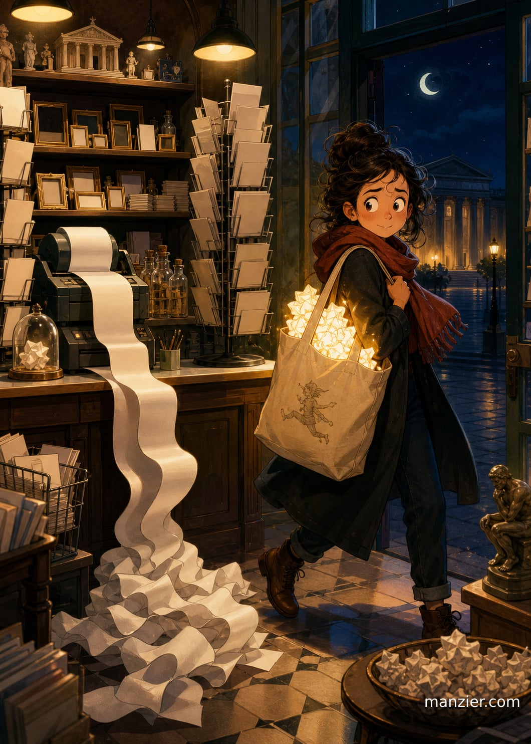 The artist leaving a surreal museum gift shop with a tote full of glowing crumpled drafts and an absurdly long blank receipt.