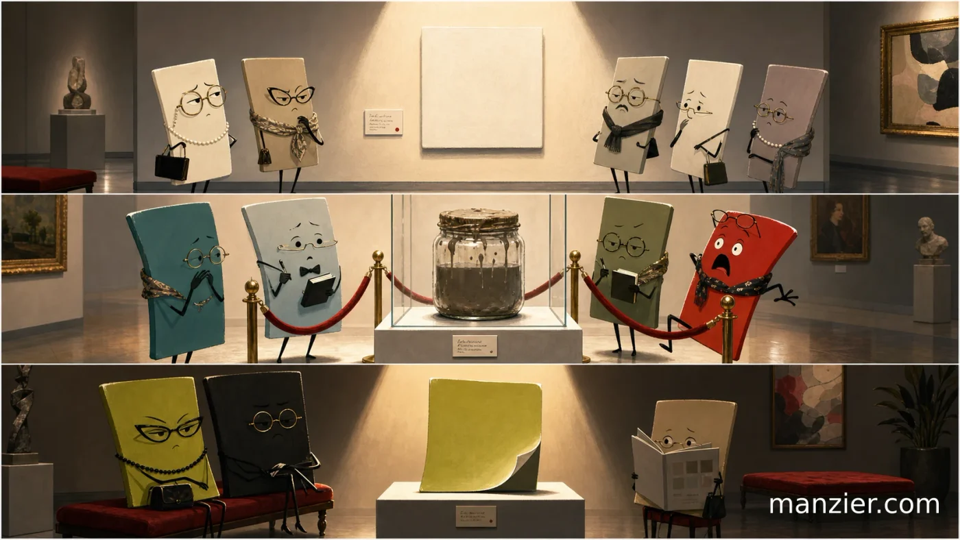 Anthropomorphic color swatches and canvases gather inside a tiny modern museum around a muddy paint jar treated as a priceless artifact.