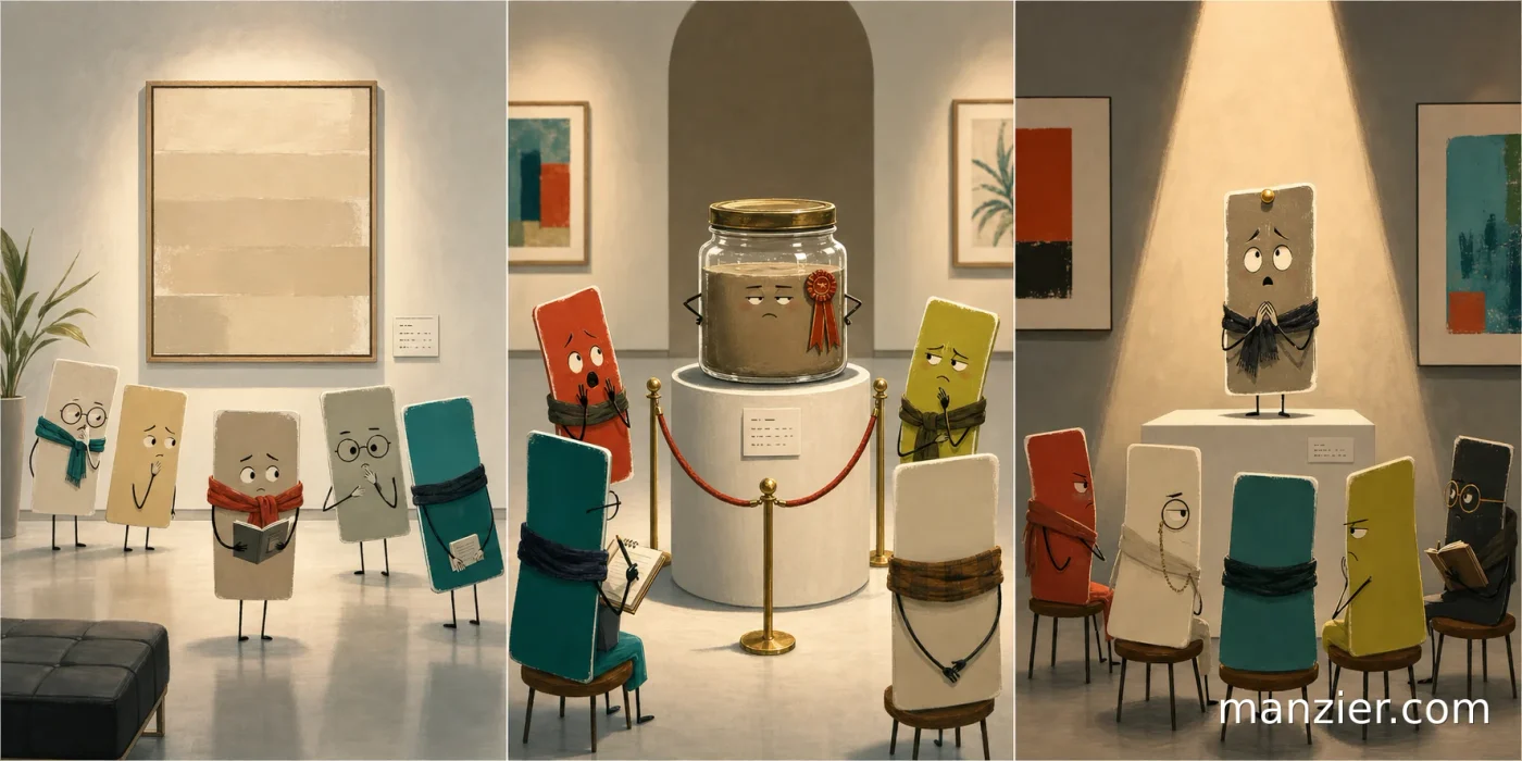 Canvas characters in a comic-strip museum scene react to rejected palettes, a display jar, and a spotlighted exhibit.