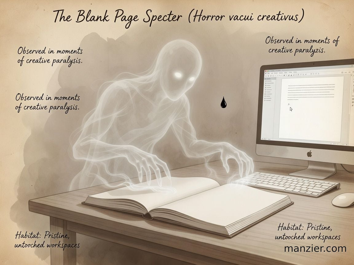 The Blank Page Specter — a barely-visible wisp of a creature made of negative space, hovering over an empty sketchbook