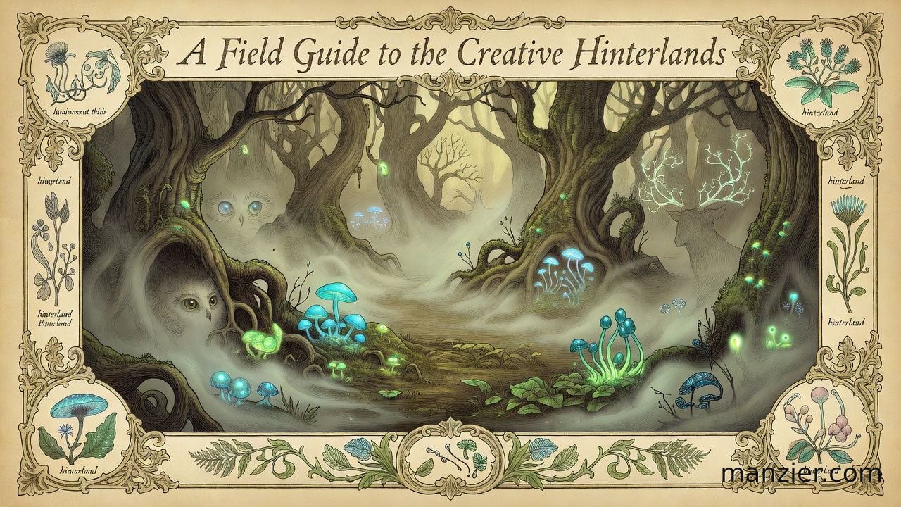 A vintage field-journal cover plate — an ornate antique naturalist bookplate with a mysterious forest clearing, glowing flora, and ethereal mist