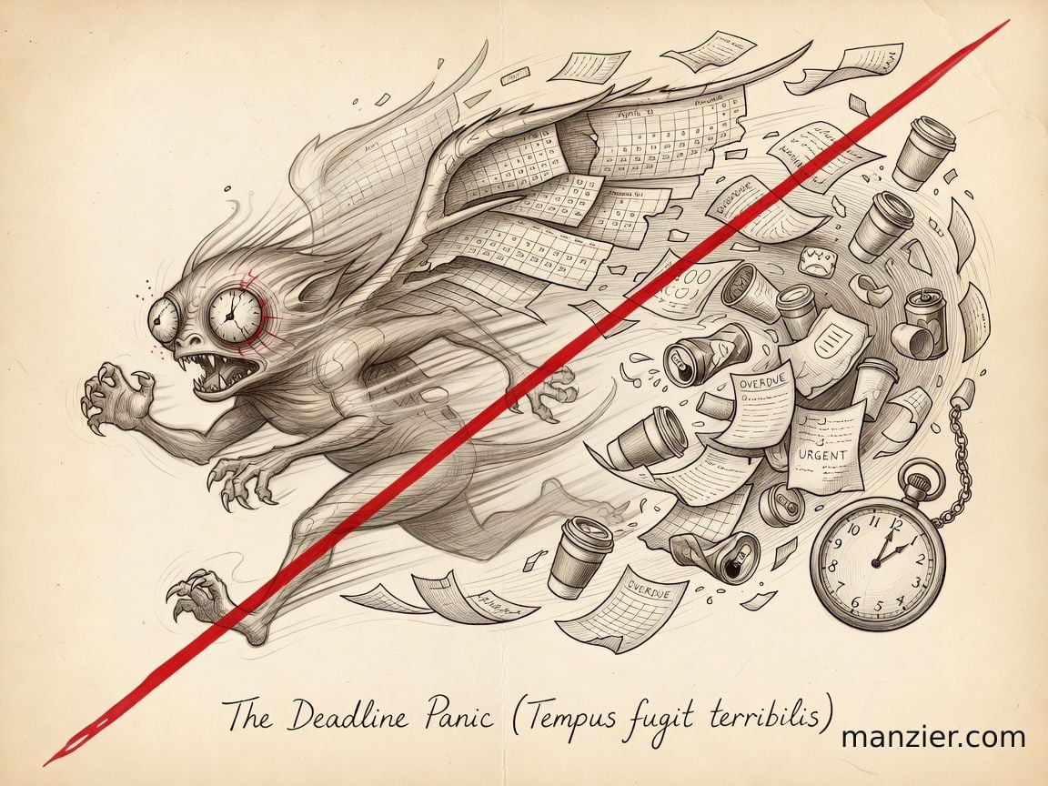 The Deadline Panic — a speed-blurred cryptid with cracked alarm-clock eyes, calendar-page wings, and a trail of coffee cups