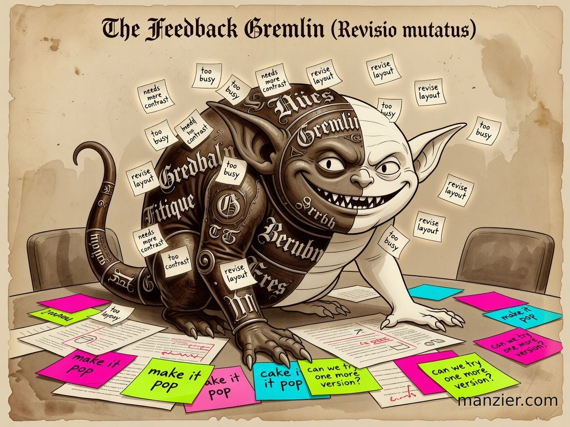 The Feedback Gremlin — a patchwork shapeshifter mid-transformation, half-serif half-sans-serif, feeding on critique sticky notes