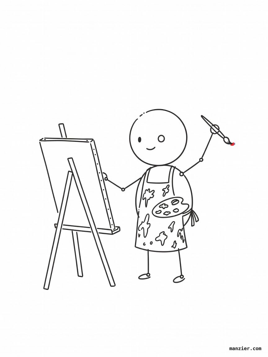 Stick figure robot painter at an easel