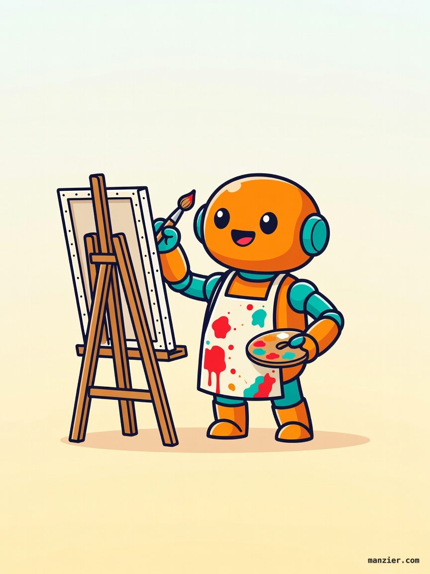 Cartoon robot painter at an easel