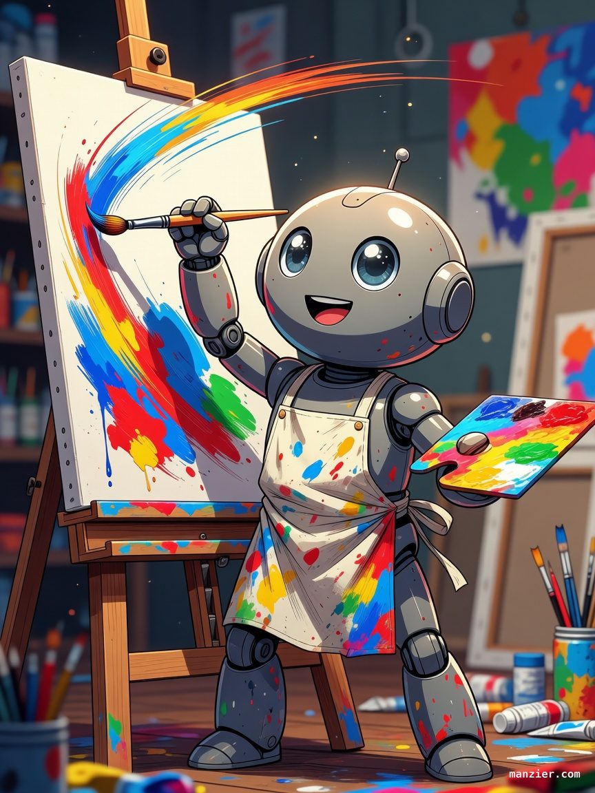 Anime robot painter at an easel