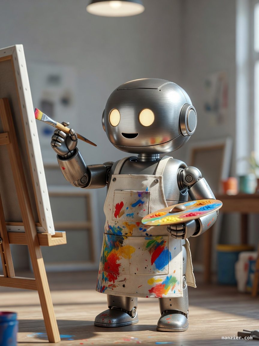 Photorealistic robot painter at an easel