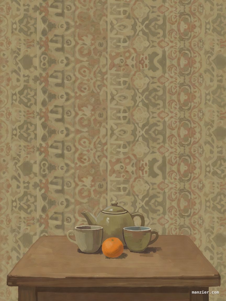 A ceramic teapot, two teacups, and an orange centered low against a busy patterned wall