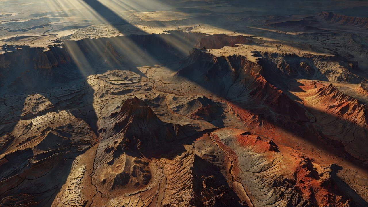 Raking light on cracked earth revealing canyon-like walls in rust and slate tones with dramatic scale illusion