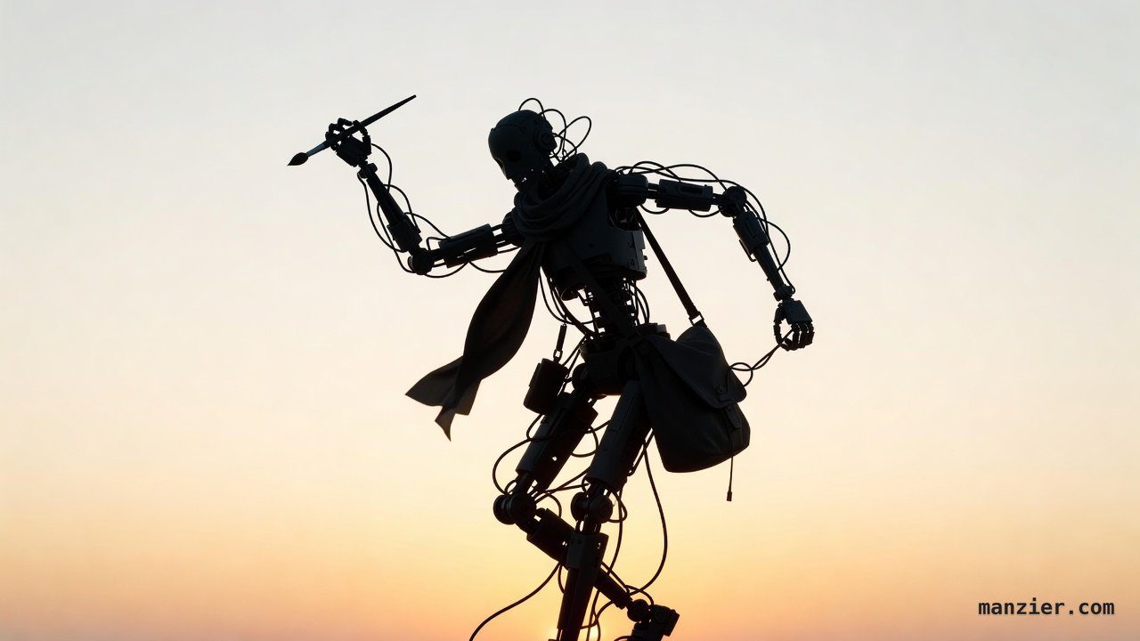 A small robot artist in a cluttered pose with a scarf, satchel, and loose cables, photographed as a confusing black silhouette against a bright sunset sky