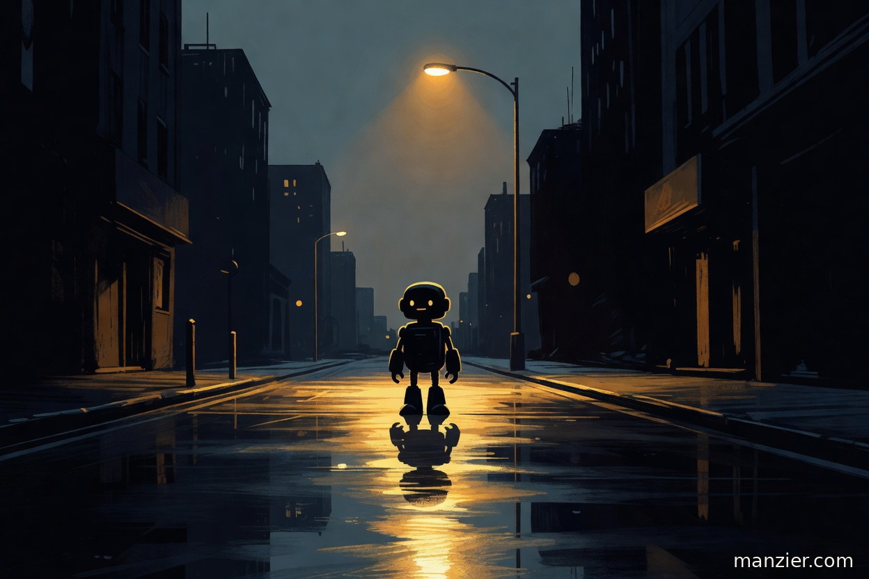 A small robot standing alone on a rain-slick city street at night, framed by dark buildings and warm streetlamp reflections