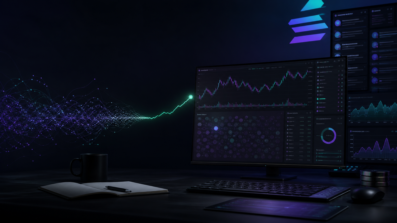 A dark trading desk with abstract market noise resolving into one clean signal line across token dashboards